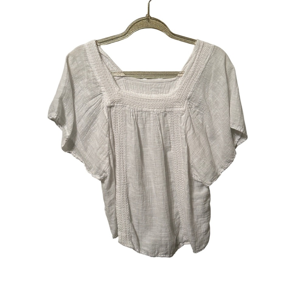 Chelsea & Theodore White Cotton Modal Gauze Lace Trim Flutter Sleeve Blouse S